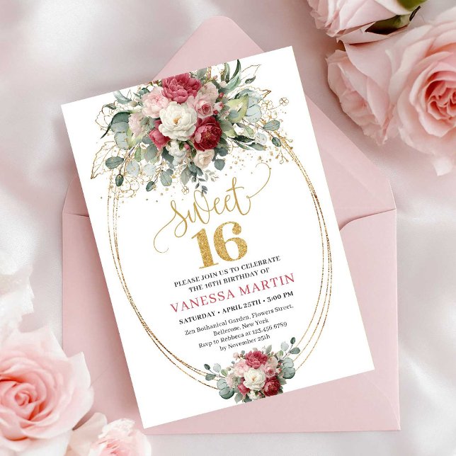 Chic Blush Red Greenery Sweet Sixteen Birthday   Inbjudningar (Chic Blush Red Greenery Sweet Sixteen Birthday Invite)