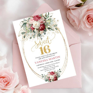 Chic Blush Röd Grönska Sweet Sixteen Födelsedag Inbjudningar