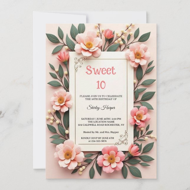 Chic Blush Rosa Blommig Söt 10 Födelsedagsfest Inb Inbjudningar (Framsida)