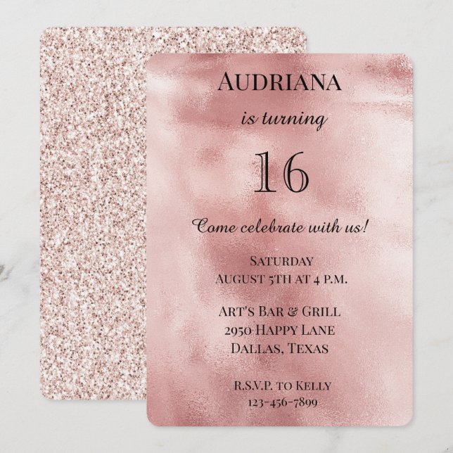 Chic Blush Rosa Glam Glitter Födelsedag Inbjudningar (Fram/baksida)