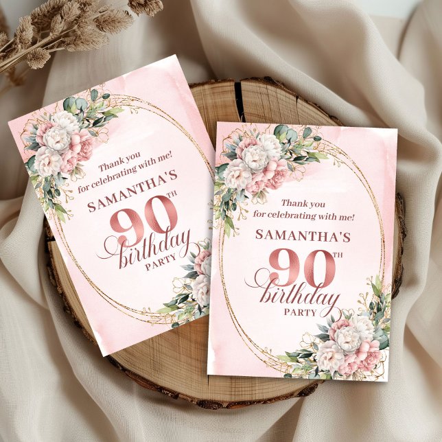 Chic Blush Rosa Guld Eukalyptus 90-årsdagskort Tack Kort (Chic Blush Pink Gold Eucalyptus 90th Birthday Thank You)