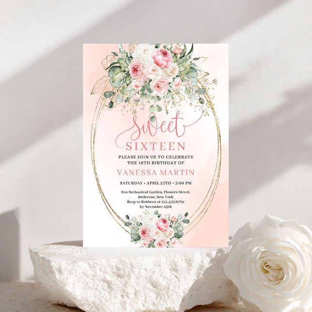 Chic Blush Rosor Guld Blommig 16-års Födelsedags K Inbjudningar (Chic Blush Roses Gold Floral 16th Birthday Card)