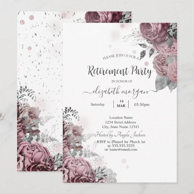 Chic Blush Rosor Pensionering   Inbjudningar (Fram/baksida)