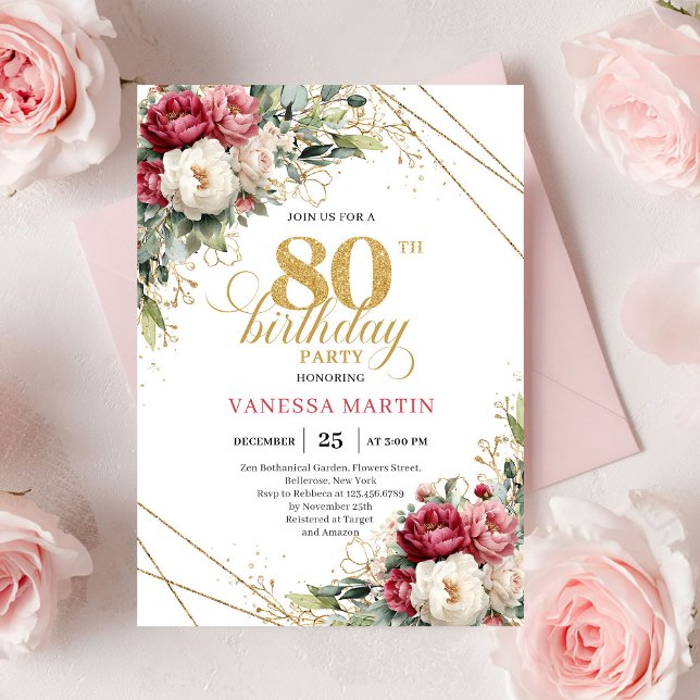 Chic Blush White Greenery 80th Birthday Invite Inbjudningar (Chic Blush White Greenery 80th Birthday Invite)