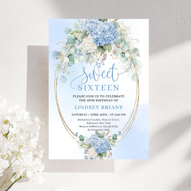 Chic Bohemian Blue Floral Gold Sweet 16 Invite Inbjudningar (Chic Bohemian Blue Floral Gold Sweet 16 Invite)