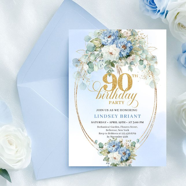 Chic Bohemian Blue Flowers 90th Birthday Invite Inbjudningar (Chic Bohemian Blue Flowers 90th Birthday Invite)