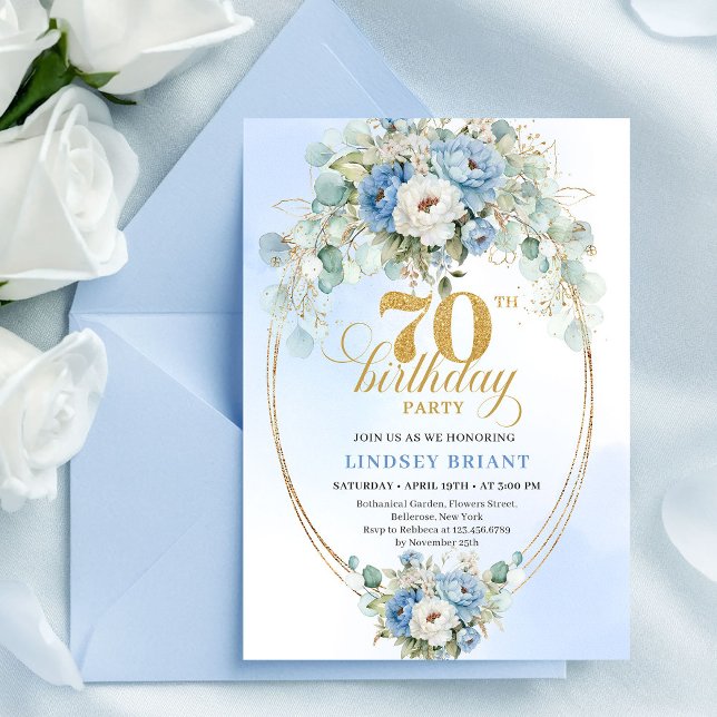 Chic Bohemian Blue Flowers and Gold 70th Birthday Inbjudningar (Chic Bohemian Blue Flowers and Gold 70th Birthday)