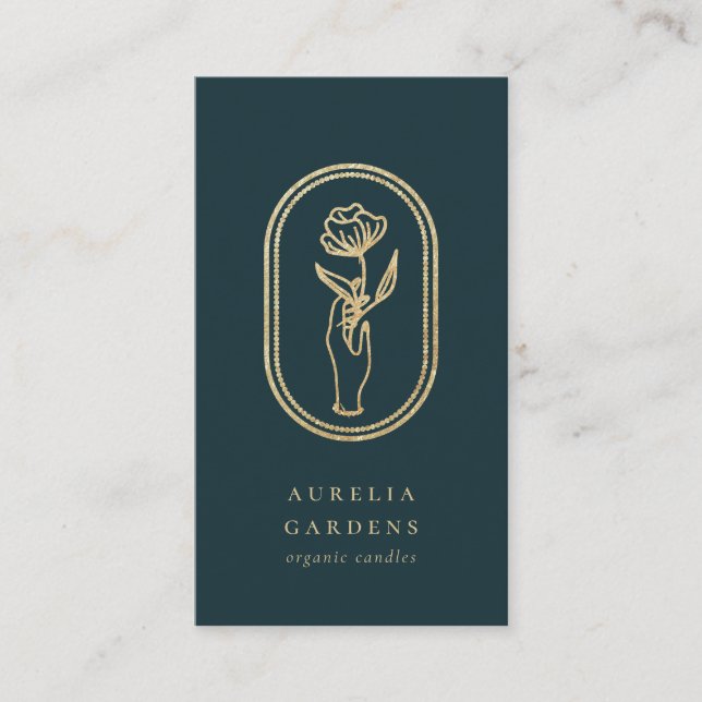 Chic Bohemian Golden Blommigt Logotyp Affärskort Visitkort (Framsida)