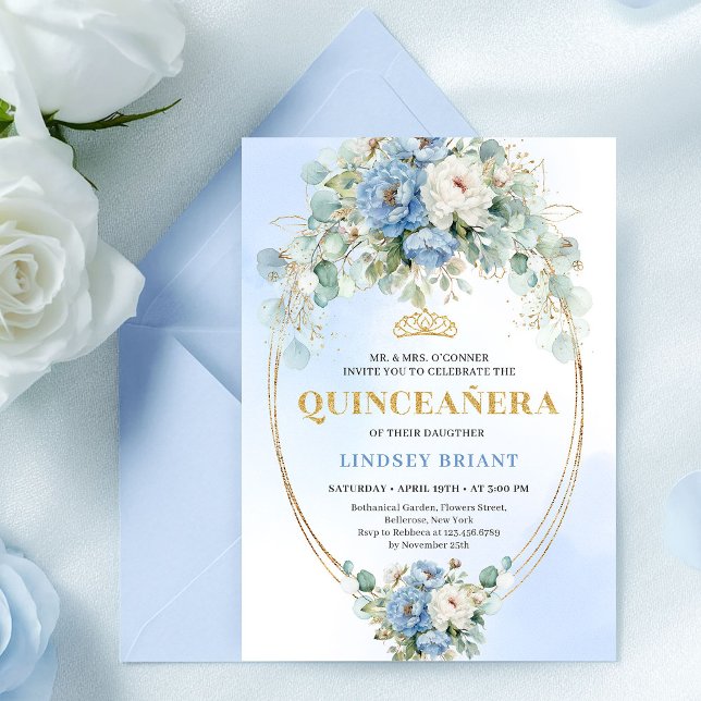 Chic bohemisk blå blomstertryckbar Quinceañera  Inbjudningar (Chic Bohemian Blue Floral Printable Quinceañera Invite)