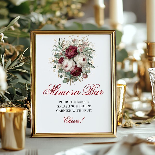 Chic bohemisk Mimosa Bar Blush Burgundy Bordskylt Poster (Chic Bohemian Mimosa Bar Blush Burgundy Tabletop)