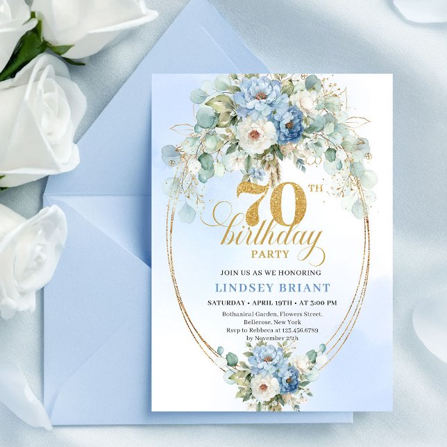 Chic Bohemisk Pastellblå Peonior 70-årsdag  Inbjudningar (Chic Bohemian Pastel Blue Peonies 70th Birthday Invite

)
