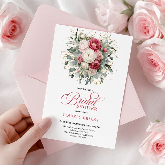 Chic Bohemisk Röd Vit Guld Roser Bröllopsdusch  Inbjudningar (Chic Bohemian Red White Gold Roses Bridal Shower Invite

)