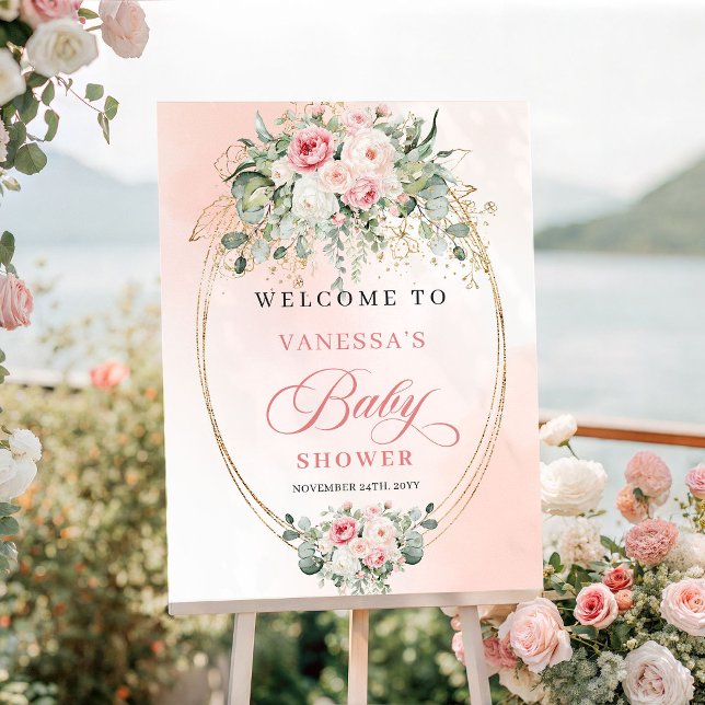Chic bohemisk rosafärgad blomster baby shower-välk poster (Chic Bohemian Blush Floral Baby Shower Welcome Poster

)