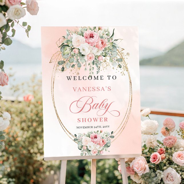 Chic bohemisk rosafärgad blomster-minimal baby sho poster (Chic Bohemian Blush Floral Minimal Baby Shower Sign)