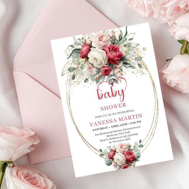 Chic bohemisk rubinröd vit guldblommig baby inbjudningar (Chic Bohemian Ruby Red White Gold Floral Baby Invite)