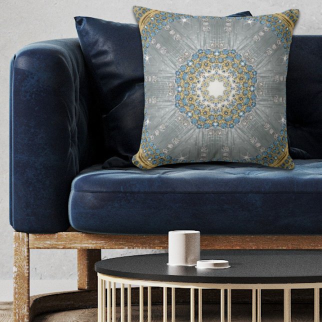 Chic Böhmen Vintage Mode Silver blå mandala Kudde (Chic Bohemian Vintage Fashion Silver blue mandala Throw Pillow)