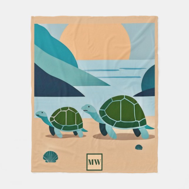 Chic boho abstrakt sea turtles monogram fleecefilt (Framsidan)