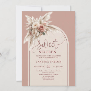 Chic Boho Båge Dusty Rose Pampas Blommig Sweet 16 Inbjudningar