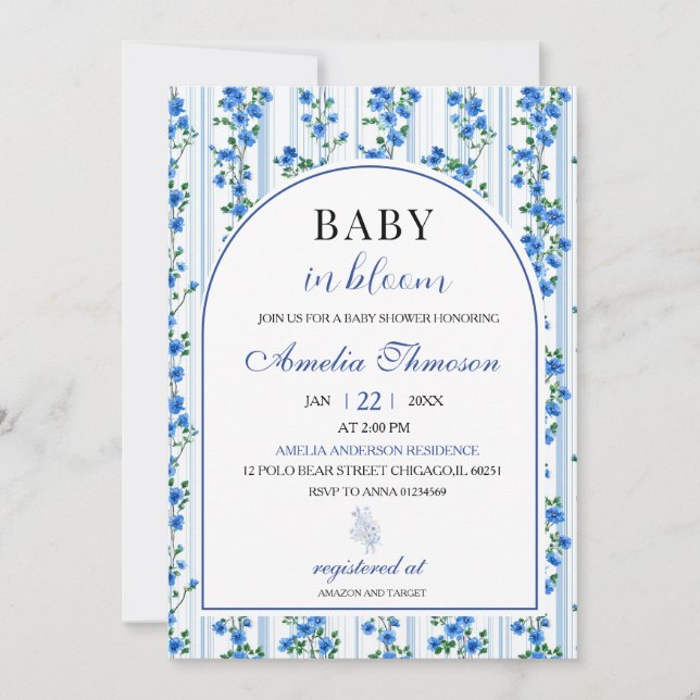 Chic Boho Blå Vildblomma Pojke Blommig Bebis Showe Inbjudningar (Framsida)