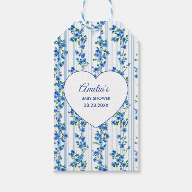 Chic Boho Blå Vildblomma Pojke Blommig Bebis Showe Presentetikett (Framsidan)