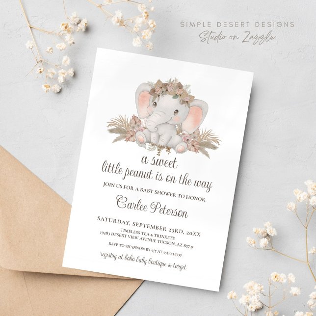 Chic Boho Blommigt Elephant Baby Shower-inbjudan Inbjudningar (Cute Elephant Baby Shower Invitation with Boho Floral Pampas Grass Gender Neutral)