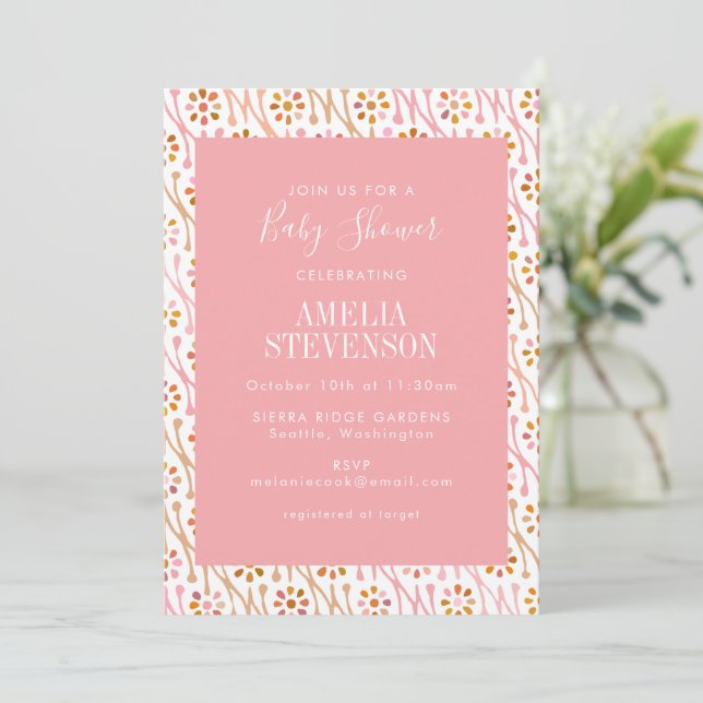 Chic Boho Blommigt Ro Rosa Baby Shower-inbjudan fö Inbjudningar (Stående Fram)