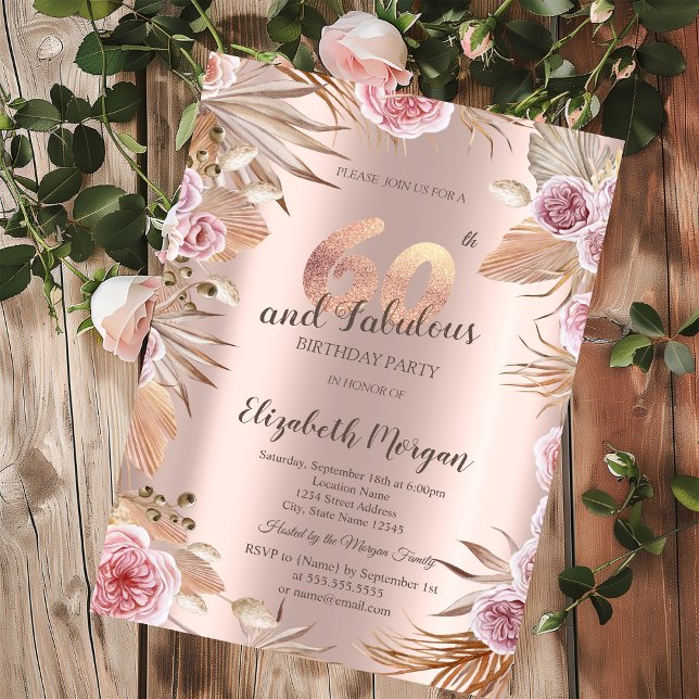Chic Boho Blommor Rose Guld 60-årsdag  Inbjudningar (Skapare uppladdad)