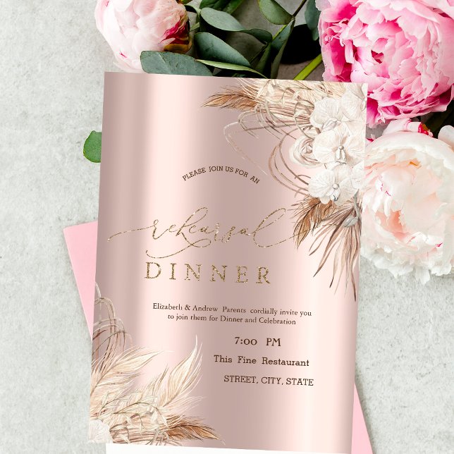 Chic Boho Blommor Rose Guld Övningsmiddag Inbjudningar (Skapare uppladdad)