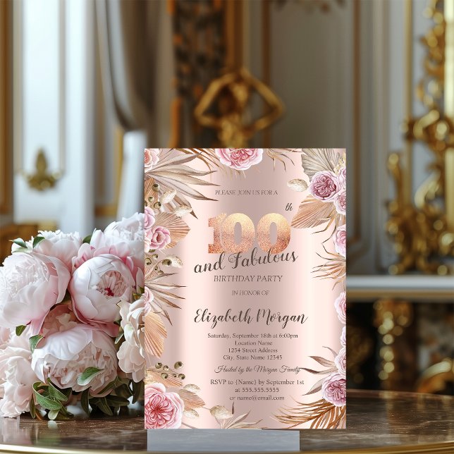 Chic Boho Blommor Roséguld 100-årsdag Inbjudningar (Skapare uppladdad)