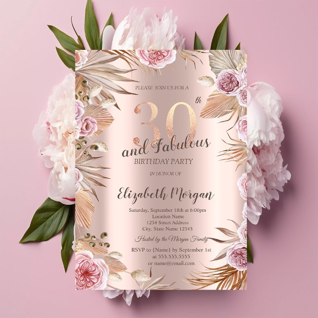 Chic Boho Blommor Roséguld 30-års Födelsedag Inbjudningar (Skapare uppladdad)