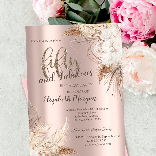 Chic Boho Blommor Roséguld 50-års Födelsedagsfest Inbjudningar (Skapare uppladdad)
