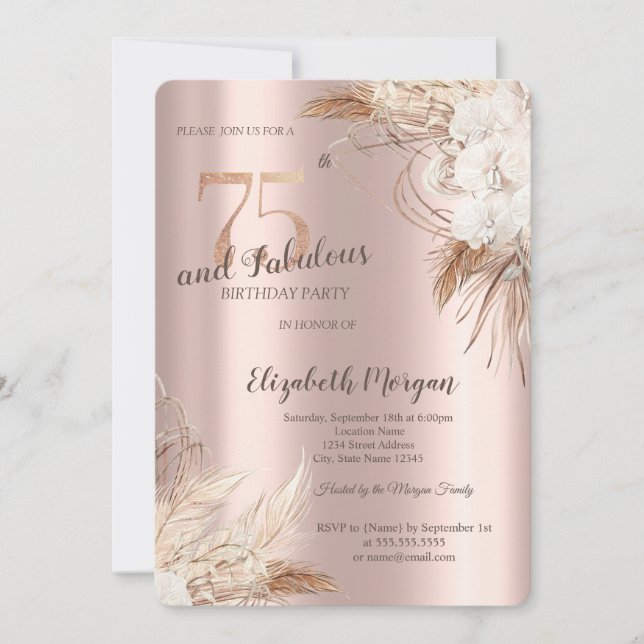 Chic Boho Blommor Roséguld 75-årsdag Inbjudningar (Framsida)