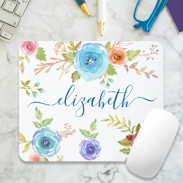 Chic boho blue blommigt vattencolor monogram musmatta