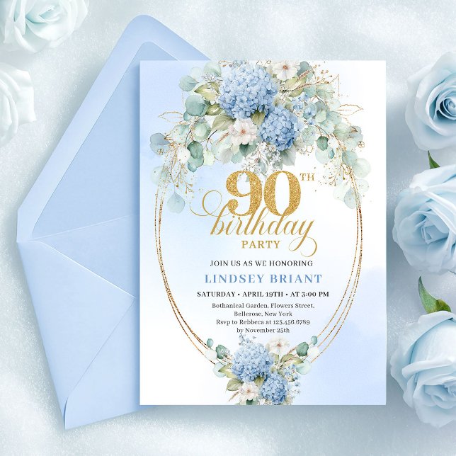 Chic Boho Blue Hydrangea Floral Gold 90th Birthday Inbjudningar (Chic Blue Hydrangea Floral Gold 90th Birthday Invite)