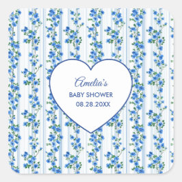 Chic Boho Blue Wildflower Boy floral Baby Shower  Fyrkantigt Klistermärke