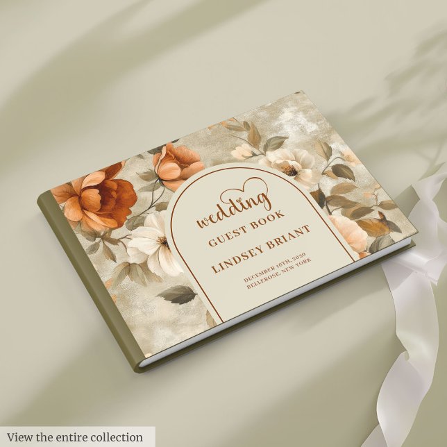 Chic Boho Bränd Orange Elfenben Oliv Blommig Bröll Gästböcker (Chic Boho Burnt Orange Ivory Olive Floral Wedding Guest Book

)