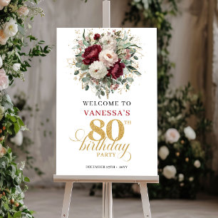 Chic Boho Burgunder Blommig 80-års Födelsedags Väl Poster