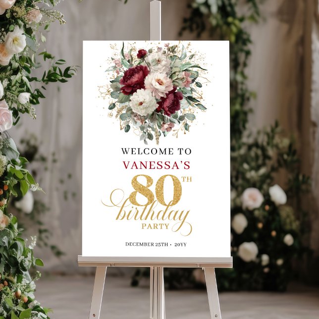 Chic Boho Burgunder Blommig 80-års Födelsedags Väl Poster (Chic Boho Burgundy Floral 80th Birthday Welcome Poster)