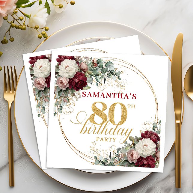 Chic Boho Burgunder Blommig Guld 80-årsdag Pappersservett (Chic Boho Burgundy Floral Gold 80th Birthday Napkins)