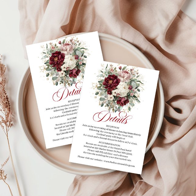 Chic Boho Burgunder Blommor Grönska Guld Detaljer Tilläggskort (Chic Bohemian Burgundy Flowers Greenery Gold Details Card)