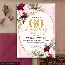 Chic Boho Burgunder Rosa Blommig 60-årsdag Inbjudningar