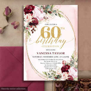 Chic Boho Burgunder Rosa Blommig 60-årsdag Inbjudningar