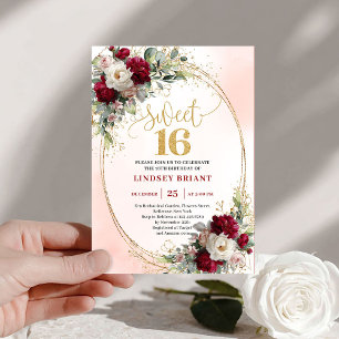Chic Boho Burgunder Rosa Guld Blommig Sweet Sixtee Inbjudningar