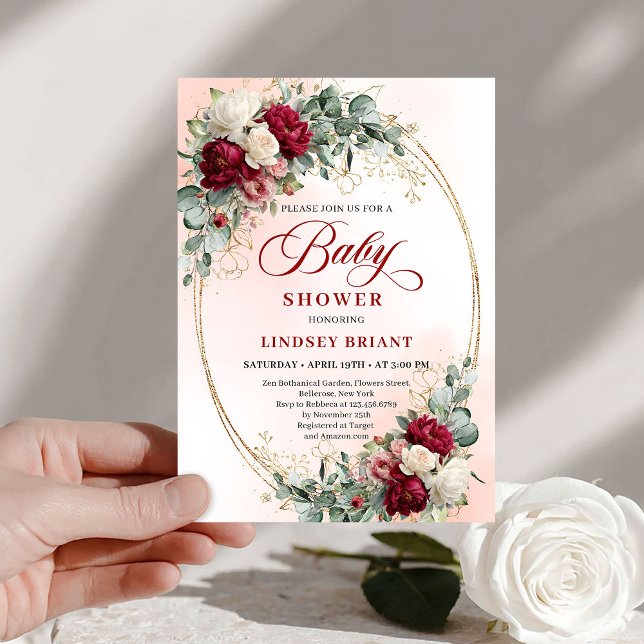 Chic Boho Burgundy and Gold Baby Shower Invite Inbjudningar (Chic Boho Burgundy and Gold Baby Shower Invite)