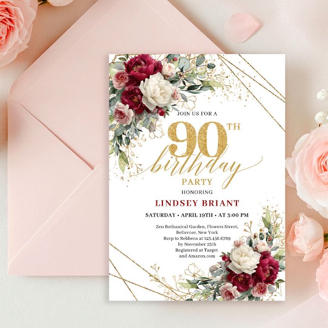 Chic Boho Burgundy Blush Floral Gold 90th Birthday Inbjudningar (Chic Burgundy Blush Floral Gold 90th Birthday Invite)