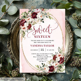 Chic Boho Burgundy Blush Floral Gold Sweet Sixteen Inbjudningar