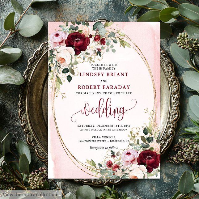 Chic Boho Burgundy Blush Gold Floral Invitation Inbjudningar (Chic Boho Burgundy Blush Gold Floral Invitation)