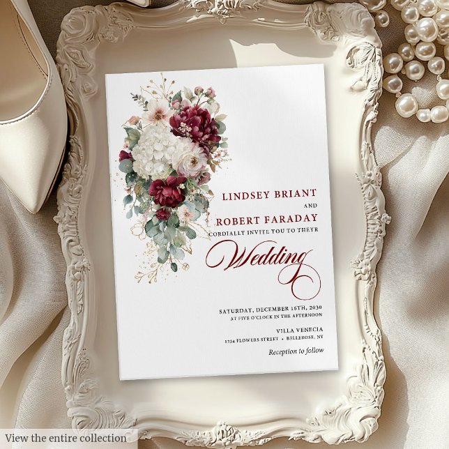 Chic Boho Burgundy White Blommigt bröllopsinbjudan Inbjudningar (Chic Boho Burgundy White Floral Wedding Invitation)