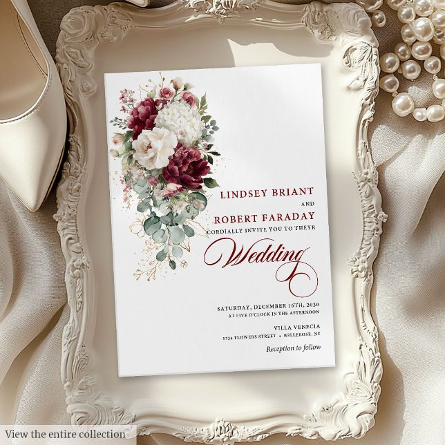 Chic Boho Burgundy White Blommigt bröllopsinbjudan Inbjudningar (Chic Boho Burgundy White Floral Wedding Invitation)