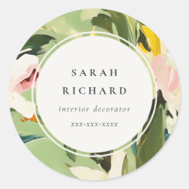 Chic Boho Colorful Grönt Rosa Painting Blommigt Runt Klistermärke